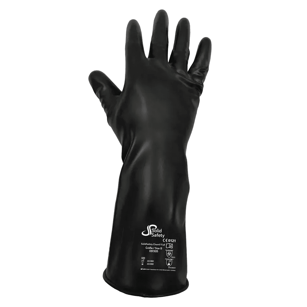 Chemical protective glove, type A, size 8, black, Solidsafety ChemV Full: buy chemically resistant and robust bromine butyl work glove with viton outer coating as PPE. Chemical protective glove, type A, size 8, black, Solidsafety ChemV Full: buy chemically resistant and robust bromine butyl work glove with viton outer coating as PPE.