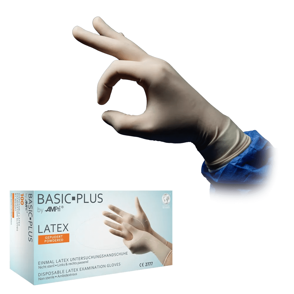 Latex gloves, white, size M, powdered, Basic-Plus: buy latex disposable gloves for examination & protection.