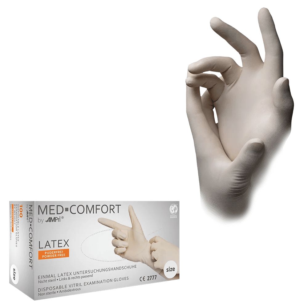 Guantes de látex, blanco, talla XS, sin polvo, Med-Comfort: comprar guantes desechables de látex para examen y protección.