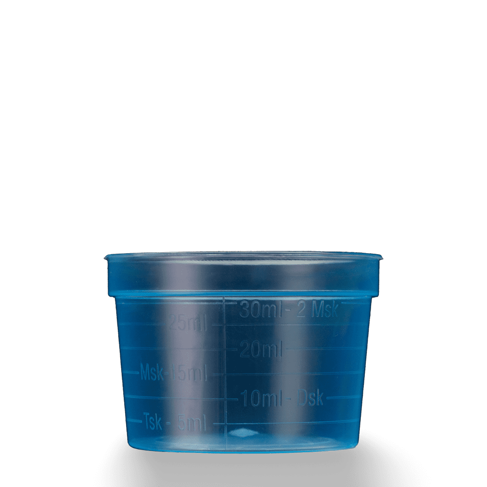 Vaso para medicamentos de PP, color azul, ancho, 30 ml, graduado: comprar vasos de polipropileno para tomar medicamentos o para dosificar líquidos y dispensar medicamentos como material de sala.