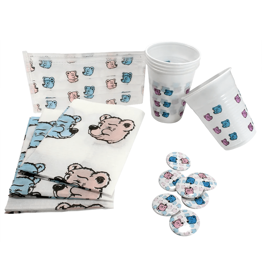 Dental Happy kids set, Bear Print: buy dental kids set with pin buttons, disposable masks as mouth guards, patient napkins and mouth rinse cups for happy kids during dental treatments.