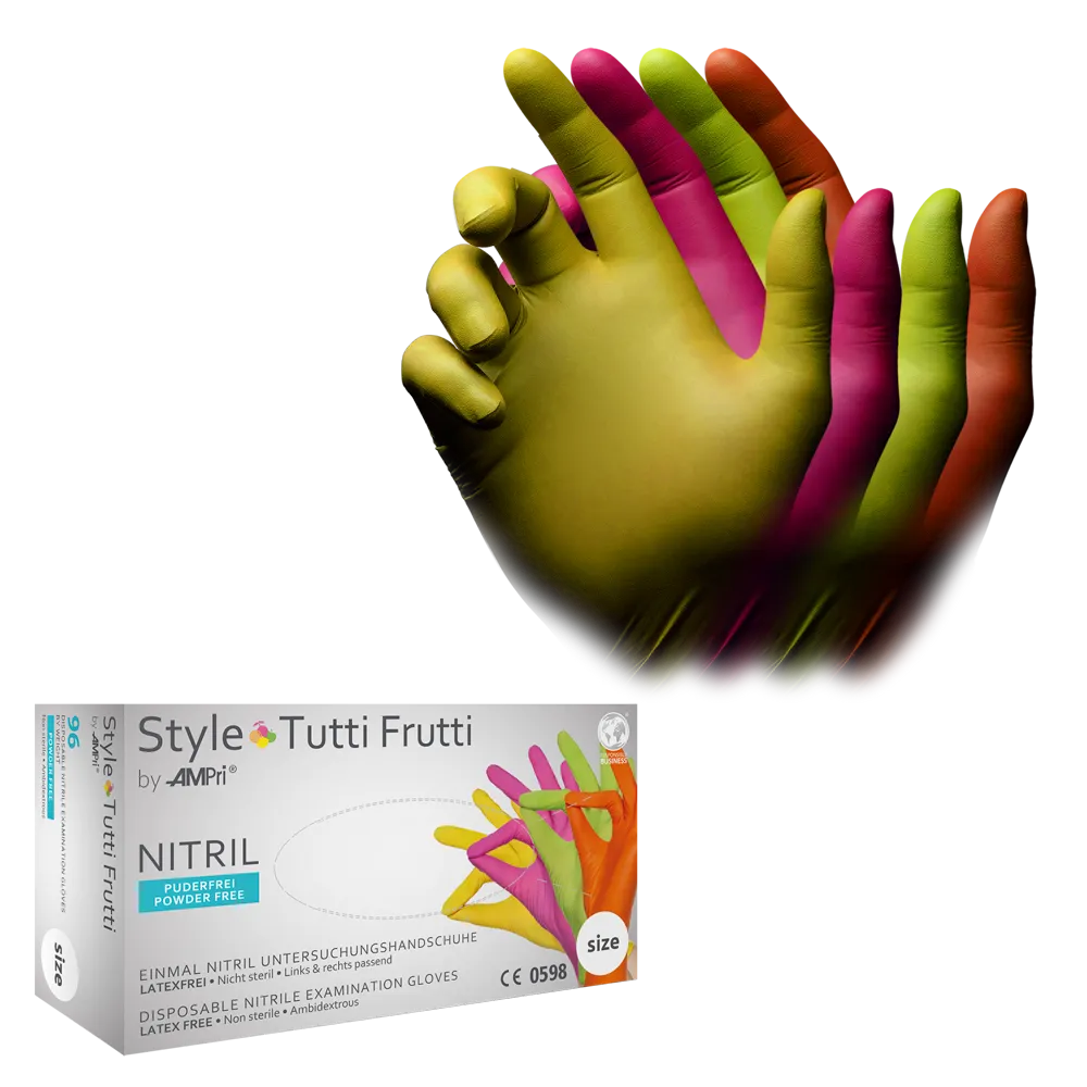 Nitrilhandschuhe, bunt, Farbenmix, Größe XL, puderfrei, Style tutti frutti by Med-Comfort: Nitril Einmalhandschuhe als Schutzhandschuhe und Untersuchungshandschuhe aus Nitril kaufen.