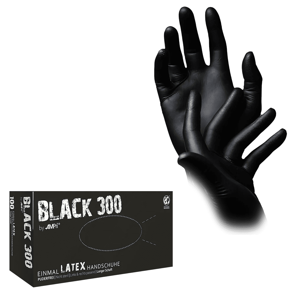 Latexhandschuhe mit Überlänge schwarz, Größe M, puderfrei, Black 300 Latex