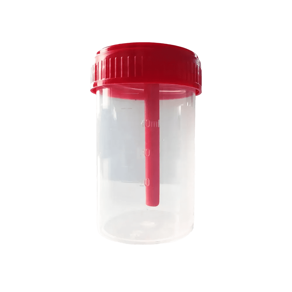 Recipiente de recogida de heces de PP, 40 ml, transparente, rojo con cierre de PE