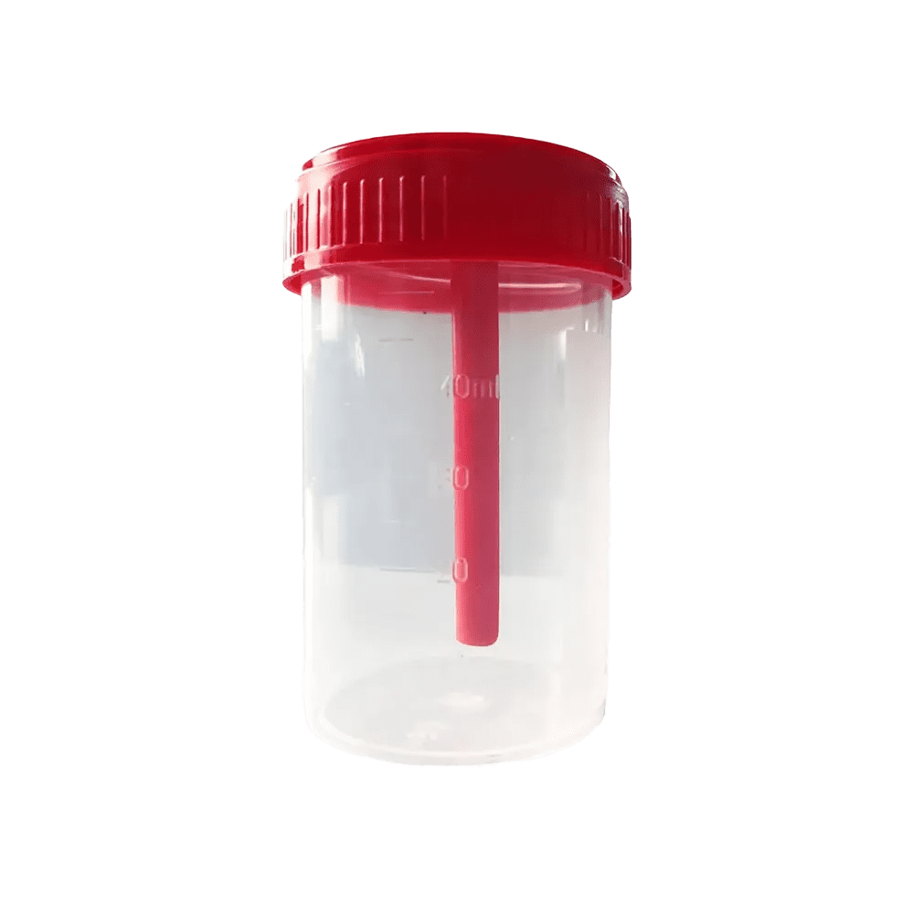 PP Stool collection container, 40 ml, transparent, red with PE closure PP Stool collection container, 40 ml, transparent, red with PE closure
