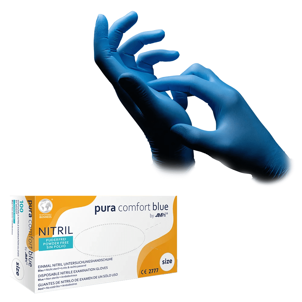 Nitrile gloves, blue, size M, powderfree, Puracomfort blue: buy nitrile disposable gloves as protective gloves and examination gloves made of nitrile.