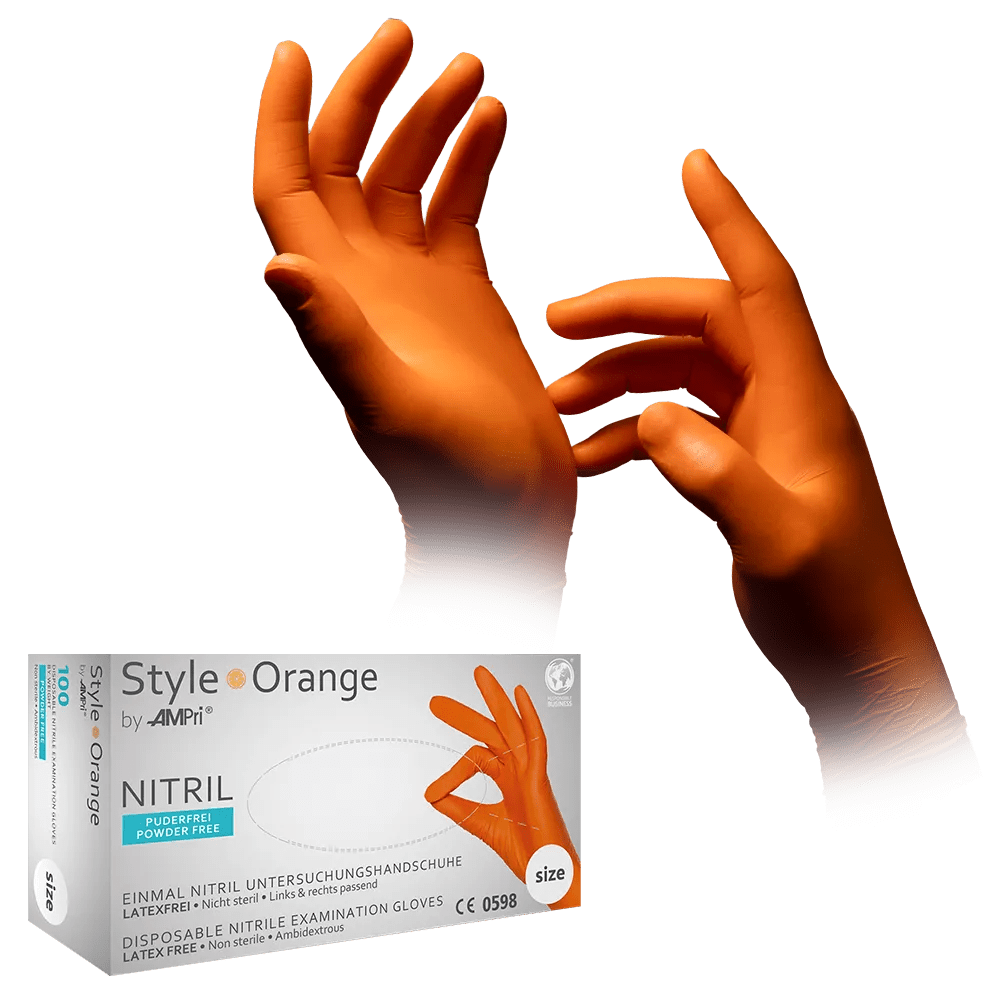 Nitrilhandschuhe, orange, Größe XS, puderfrei, Style orange by Med-Comfort: Nitril Einmalhandschuhe als Schutzhandschuhe und Untersuchungshandschuhe aus farbigem Nitril kaufen.