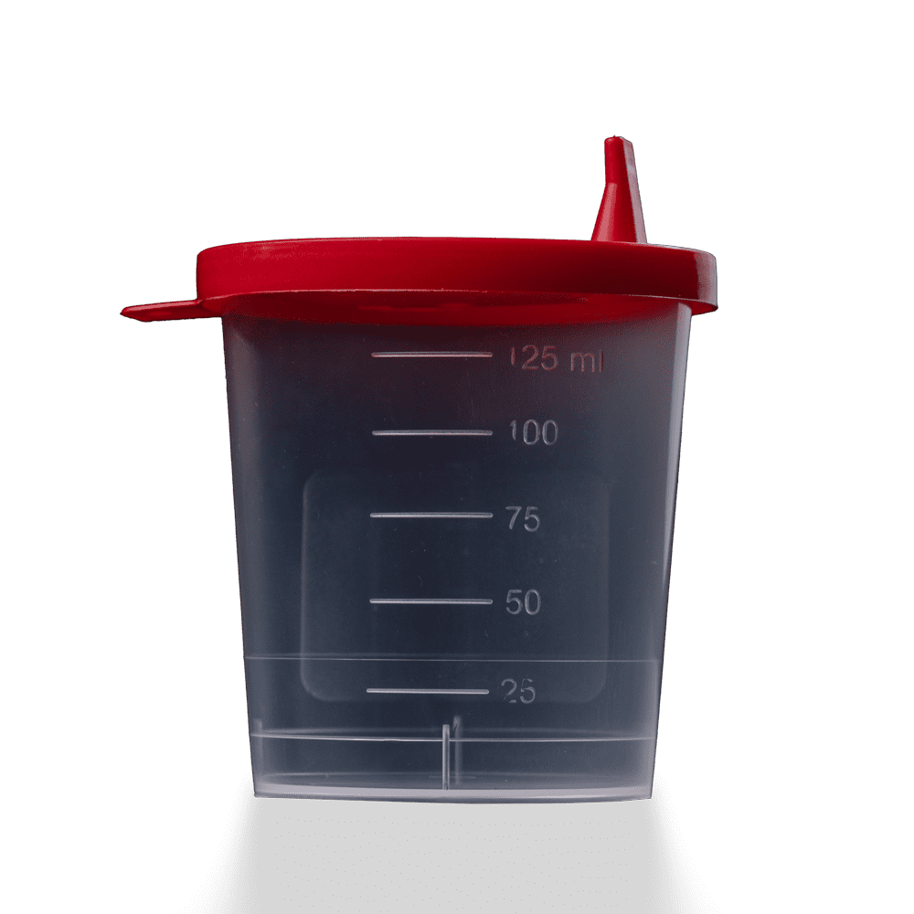 PP Urine collection container with dappen lid, 125 ml, colour transparent, red PP Urine collection container with dappen lid, 125 ml, colour transparent, red