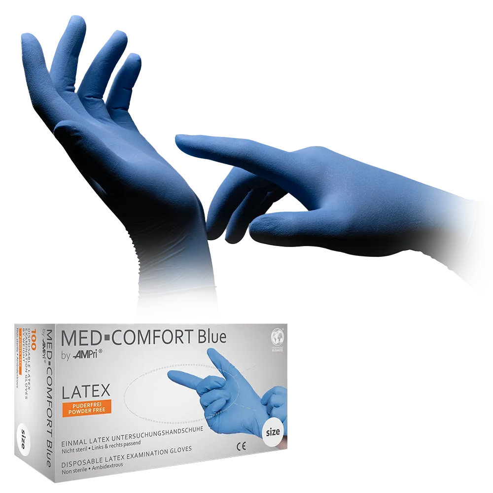 Latex gloves, blue, size M, powderfree, Med-Comfort blue: buy disposable latex examination gloves & protective gloves.
