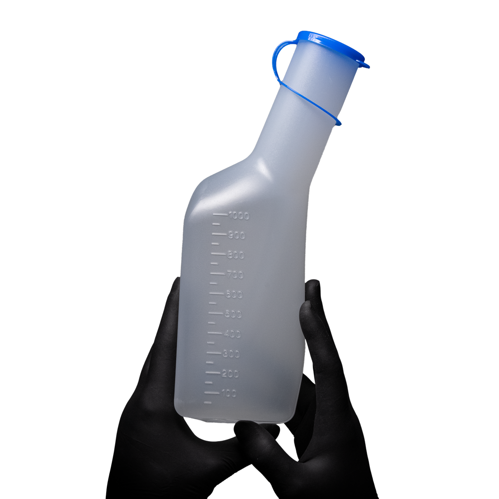 Botella de orina de PP para hombres, cuadrada, de color blanco / lechoso con tapa de PP azul