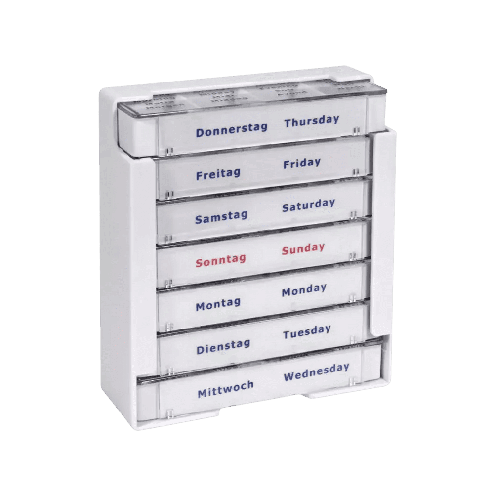 Tablettendispenser, 375 x 225 x 40 mm, weiß, Med-Comfort: robuster, hitzebeständiger und 4-sprachig bedruckter Dispenser für Tabletten aus Acryl Butadien Styrol, Polycarbonat mit 7 entnehmbaren Tagesdispensern mit je 4 Fächern als Stationsbedarf kaufen.