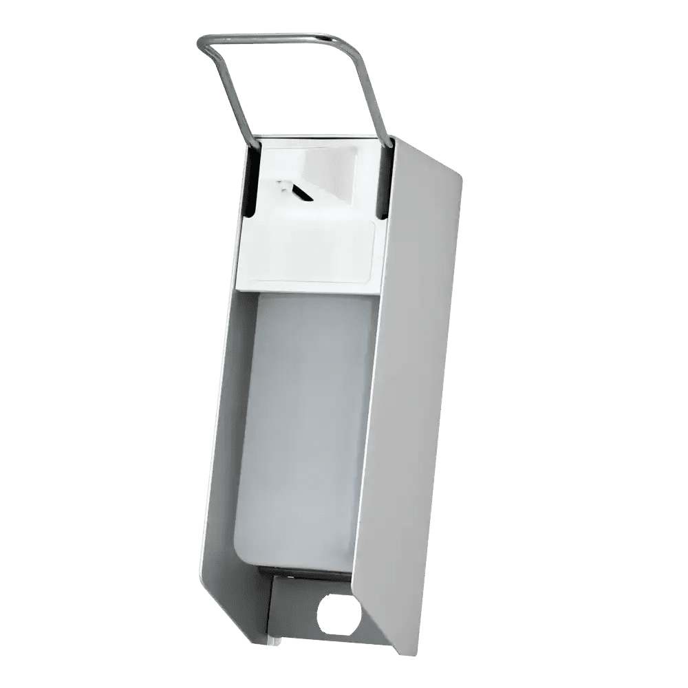 Dispensador de pared para 500 ml desinfectante y jabones líquidos, 270 x 81 x 160 mm, palanca corta: comprar dispensador de aluminio para líquidos, incluyendo la botella vacía como accesorio.