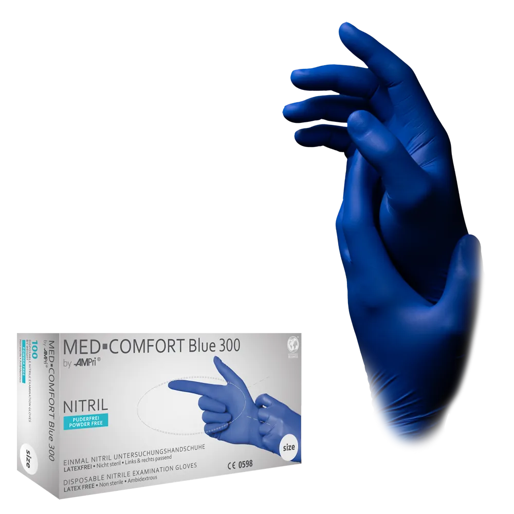 Long nitrile gloves, blue, size M, powderfree, Med-Comfort blue 300: buy long nitrile disposable gloves as protective gloves and examination gloves made of nitrile.