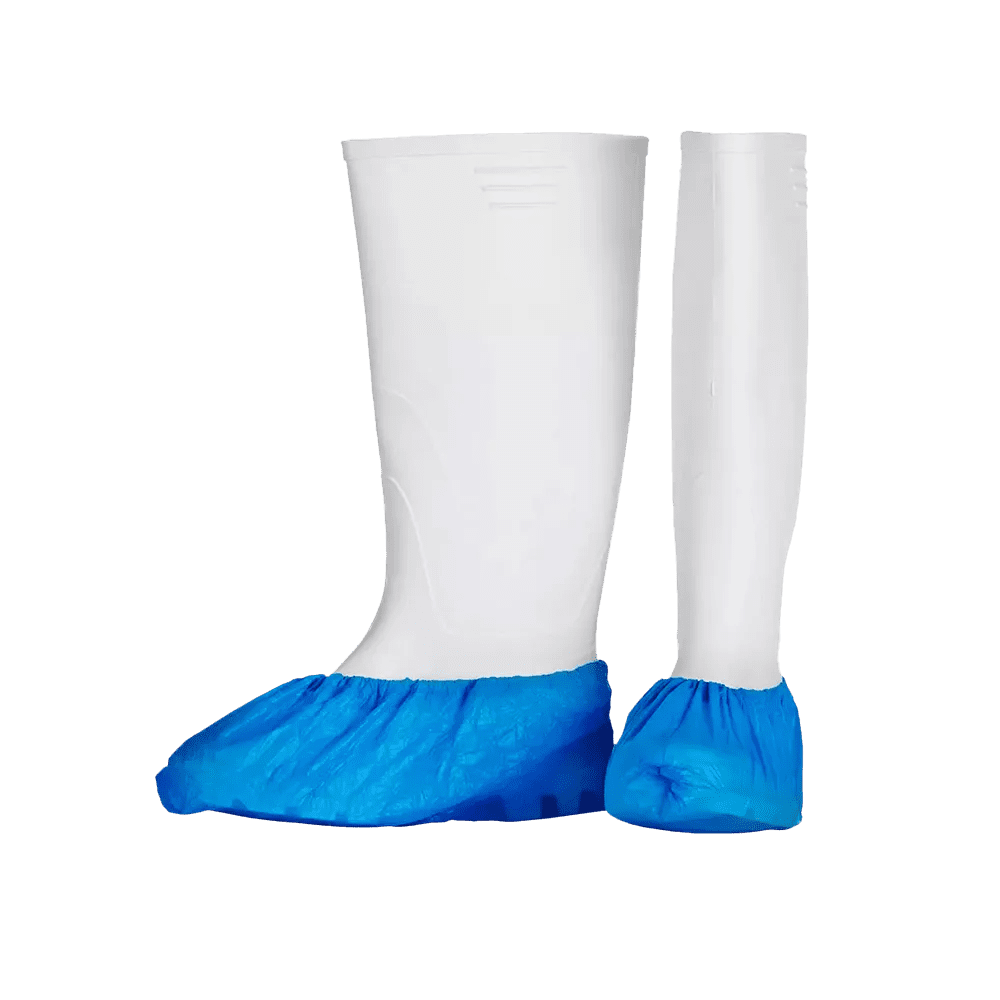 PE Einmal Überziehschuhe, 15 x 42 cm, blau, Polyethylen, Med-Comfort: Einweg Überschuhe mit eingefasstem Latexgummi als hygienische Schutzüberschuhe kaufen.