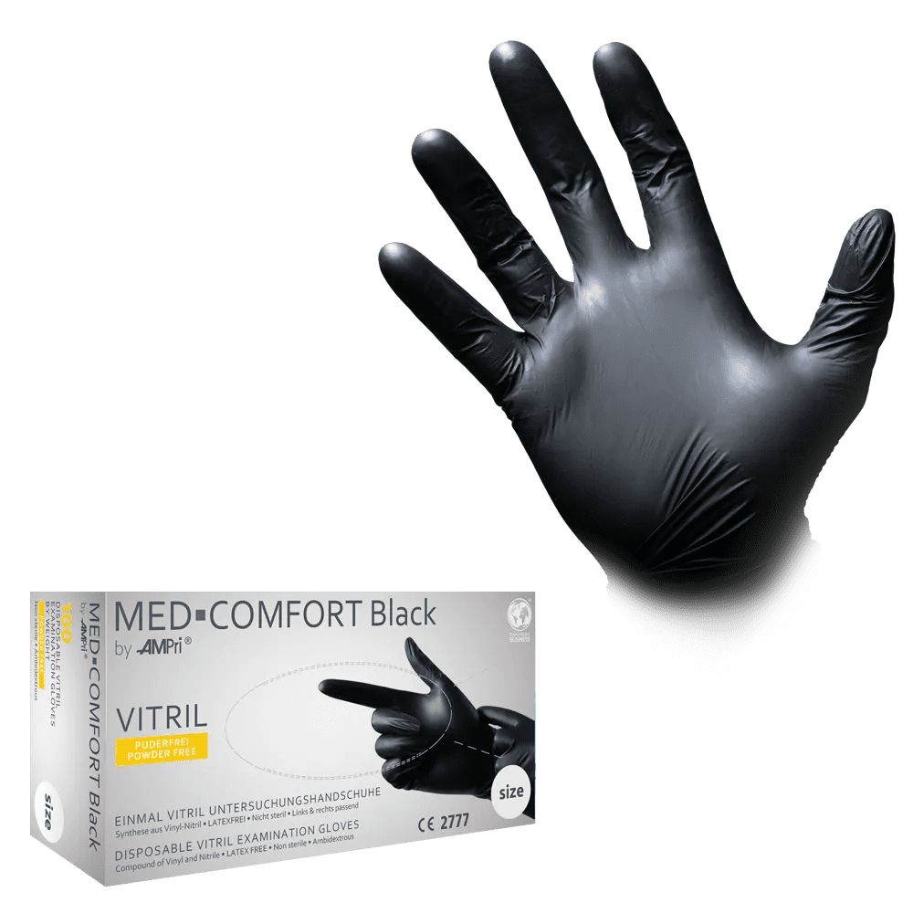 Guantes de vitrilo, negro, talla S, M, L, XL, sin polvo, Med-Comfort blue de vitrilo: comprar guantes desechables de vitrilo y guantes de protección como EPI.