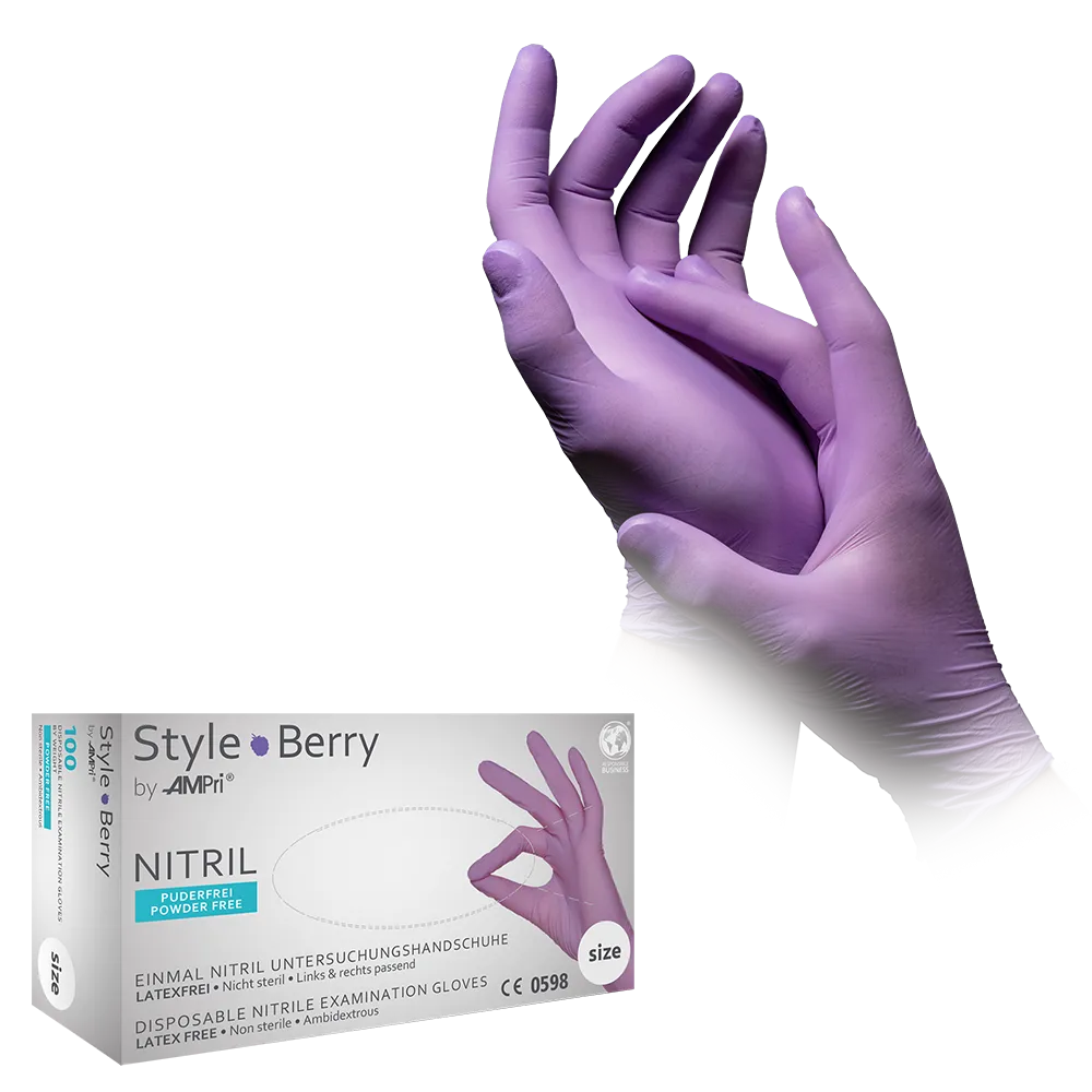 Nitrilhandschuhe, lila, Größe XS, puderfrei, Style Berry by Med-Comfort: Nitril Einmalhandschuhe als Schutzhandschuhe und Untersuchungshandschuhe aus farbigem Nitril kaufen.