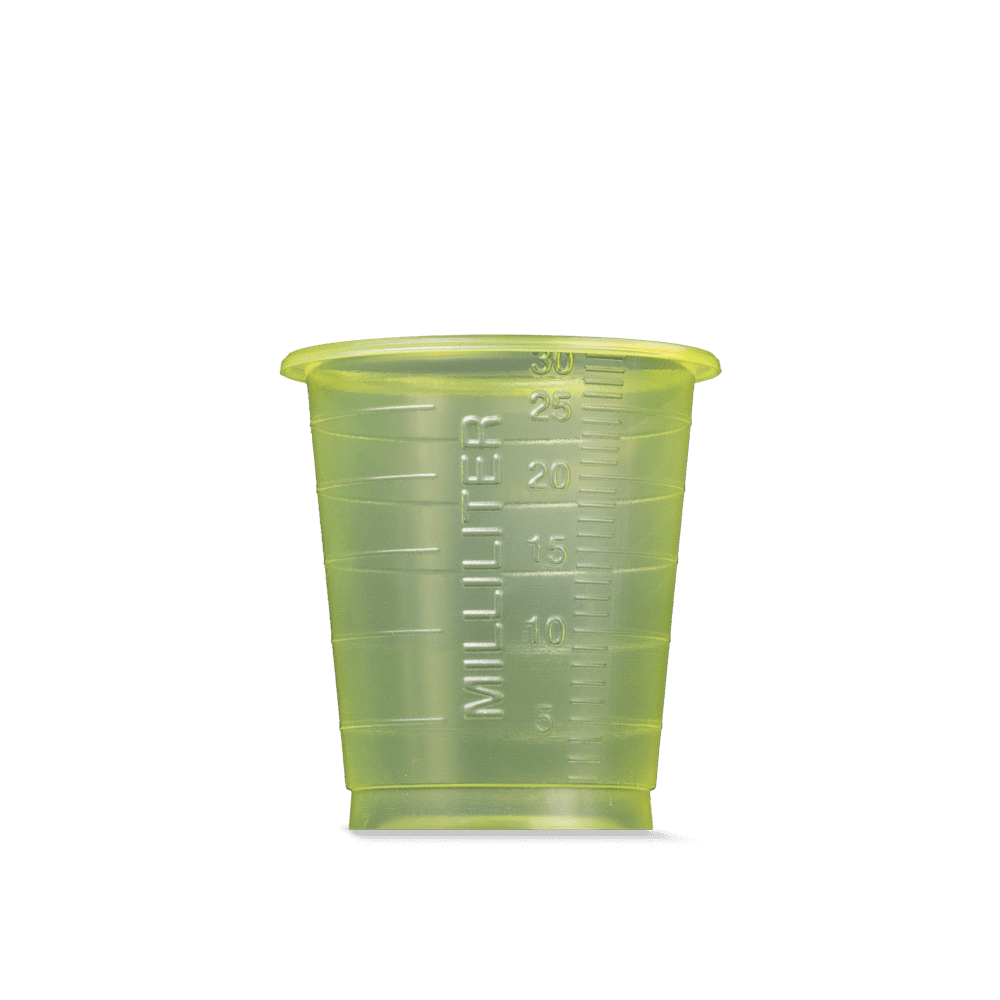 Vaso para medicamentos de PP, color amarillo, 30 ml, graduado