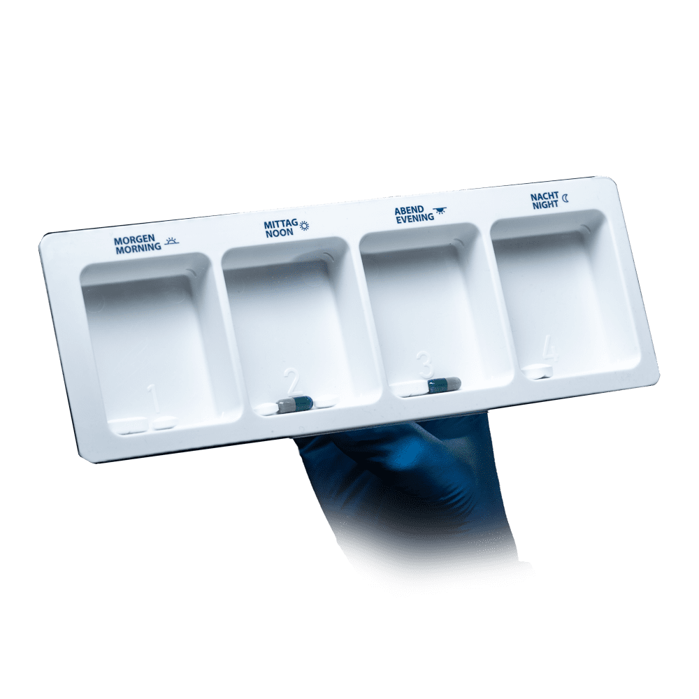 PP Dispensador de medicamentos desechable, 4 compartimentos, 22 x 8 x 2 cm, blanco, Med-Comfort: comprar blíster deslizante de polipropileno extra grande con horas impresas del día para almacenar las necesidades diarias de medicamentos como suministros de