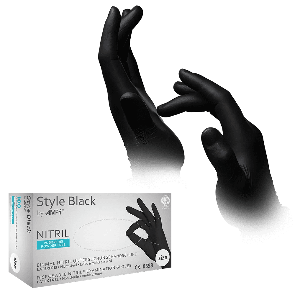 Guantes de nitrilo, negro, talla L, sin polvo, estilo negro de Med-Comfort: comprar guantes desechables de nitrilo como guantes de protección y guantes de examen en nitrilo de color.