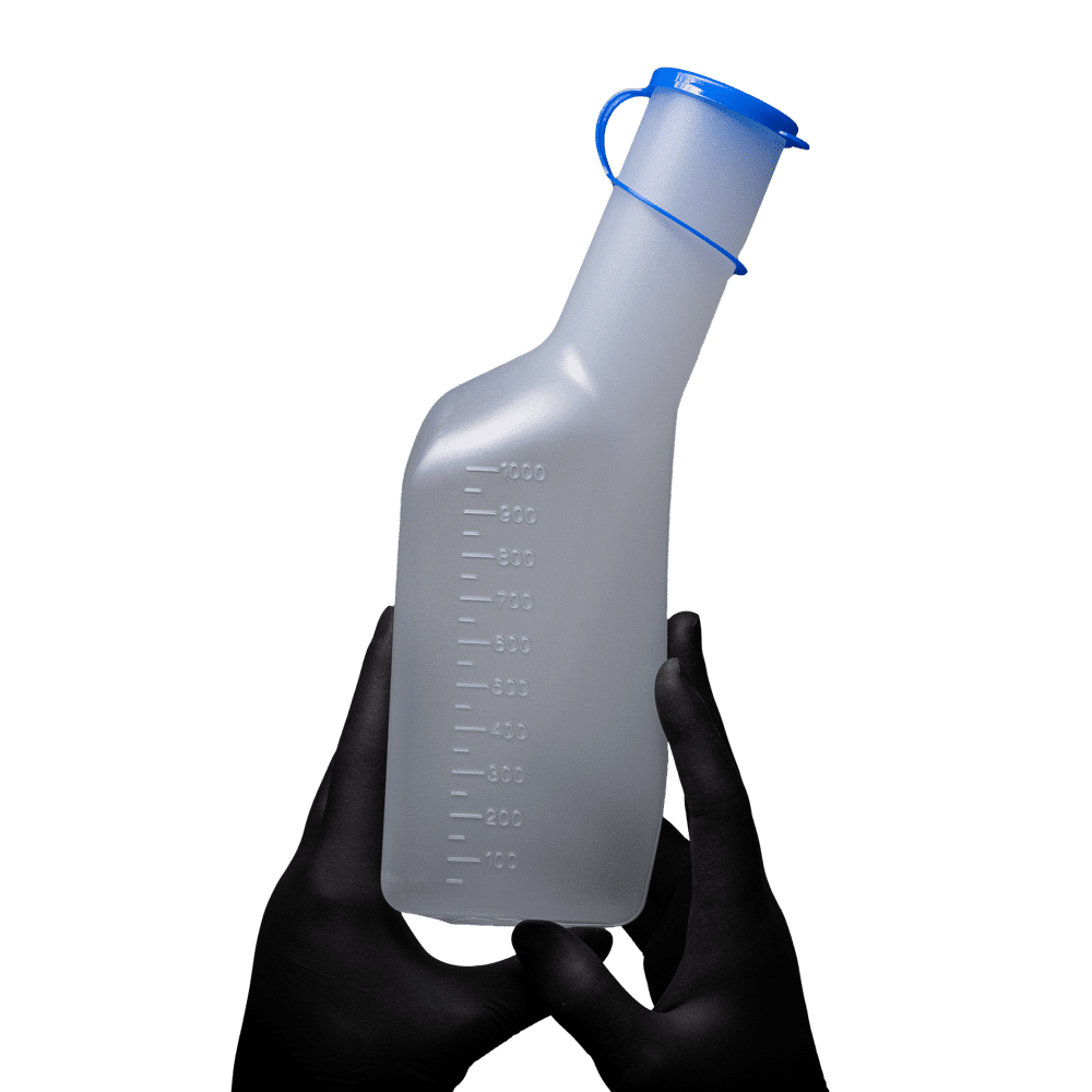 Botella de orina de PP para hombres, cuadrada, de color blanco / lechoso con tapa de PP azul: comprar una botella de orina desinfectable y resistente al calor para hombres como suministros para salas y pacientes.