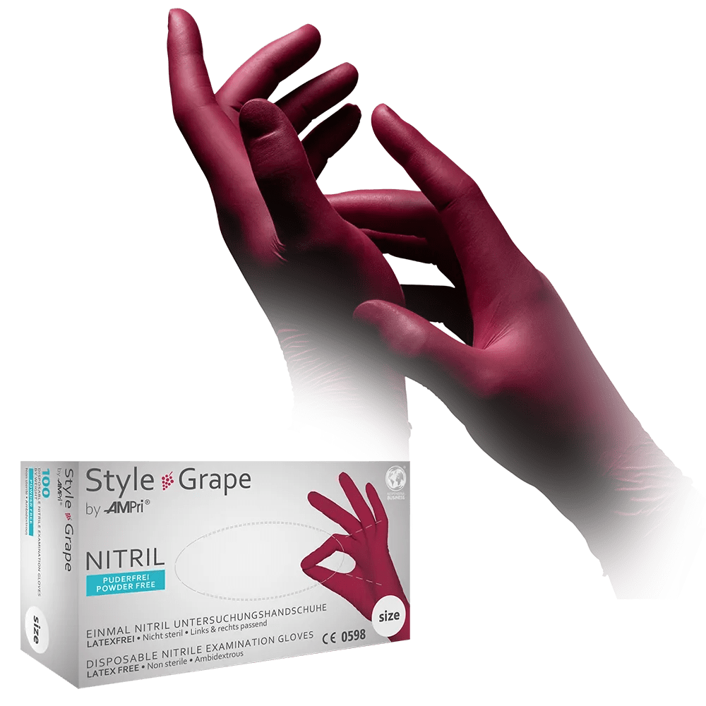 Nitrilhandschuhe, bordeaux, rot, Größe M, puderfrei, Style Grape by Med-Comfort: Nitril Einmalhandschuhe als Schutzhandschuhe und Untersuchungshandschuhe aus farbigem Nitril kaufen.