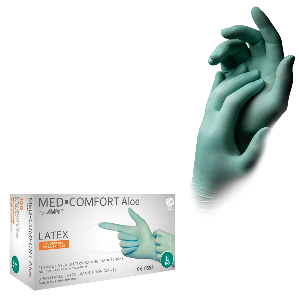 Latex gloves, mint green, size XL, powderfree, Med-Comfort Aloe: buy latex disposable gloves as examination gloves & protective gloves.