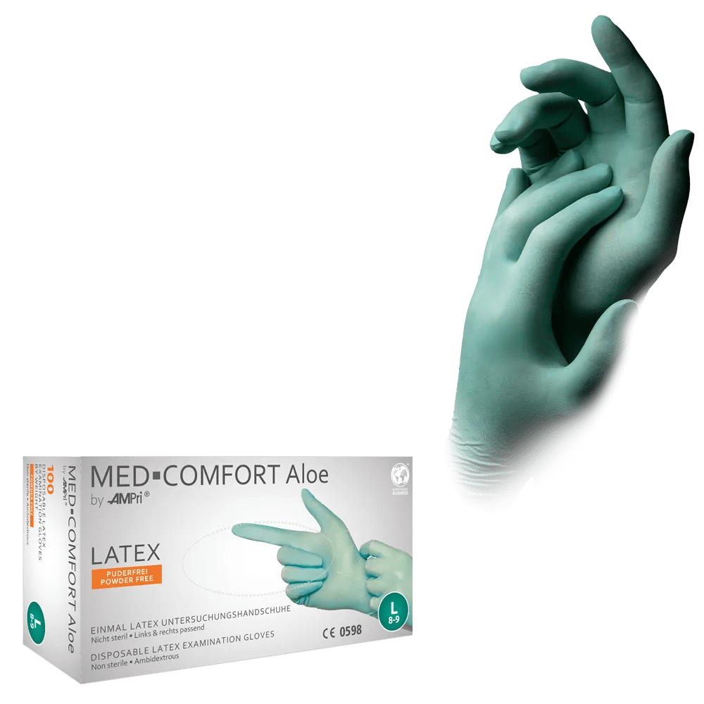 Latexhandschuhe, mintgrün, grün, Größe XL, puderfrei, Med-Comfort Aloe: Latex Einweghandschuhe als Untersuchungshandschuhe & Schutzhandschuhe kaufen. Latexhandschuhe, mintgrün, grün, Größe XL, puderfrei, Med-Comfort Aloe: Latex Einweghandschuhe als Untersuchungshandschuhe & Schutzhandschuhe kaufen.