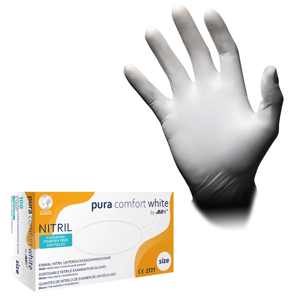 Guantes de nitrilo, blanco, talla XS, S, M, L, XL, sin polvo, Puracomfort blanco: comprar guantes desechables de nitrilo como guantes de protección y guantes de examen de nitrilo.