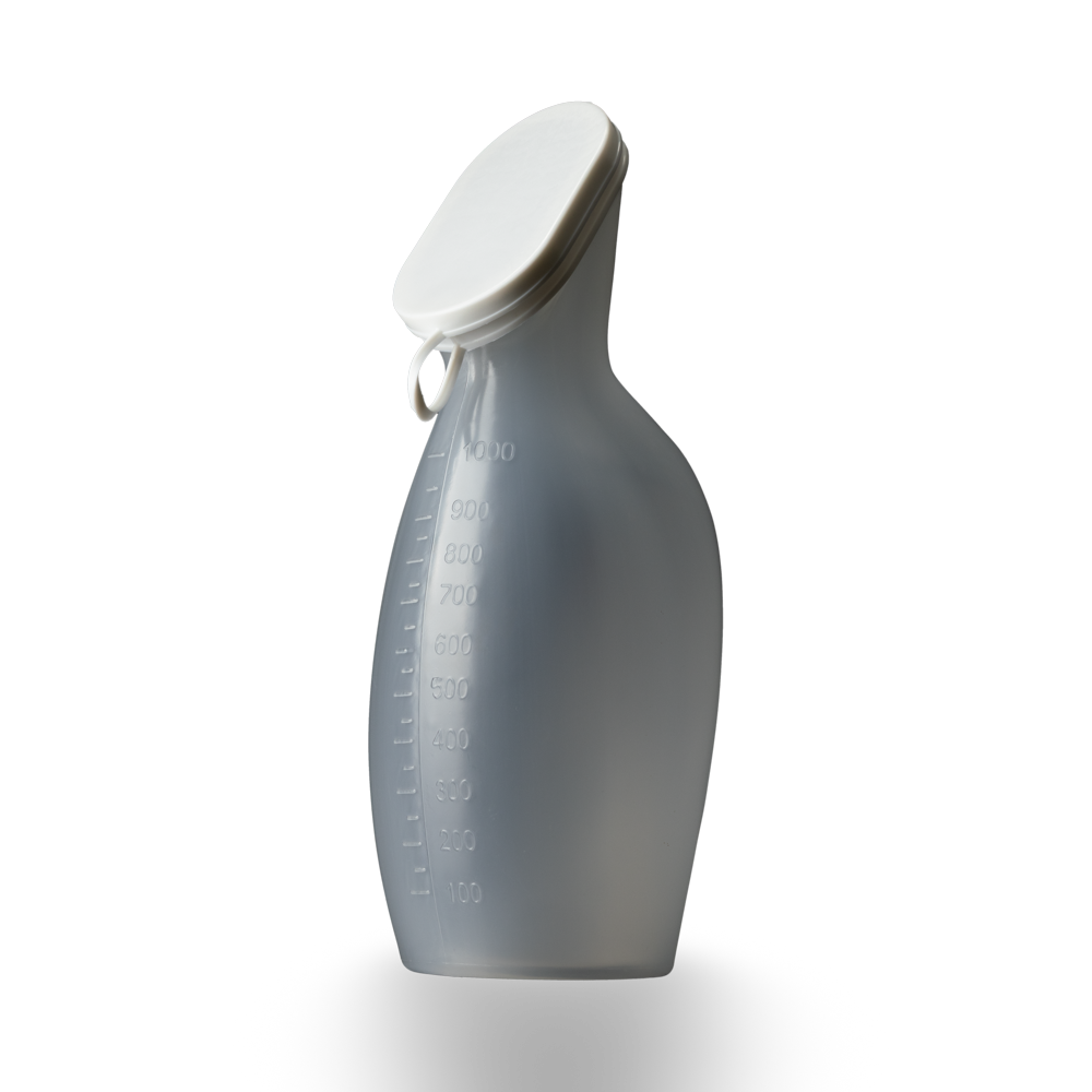 Frasco de orina de PP para mujeres, 1 litro, color translúcido con tapa de PE blanca, Top-Comfort