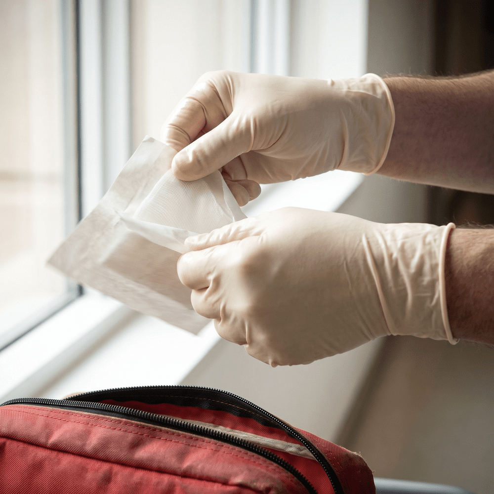 Latex gloves, white, size M, powdered, Basic-Plus: buy latex disposable gloves for examination & protection.