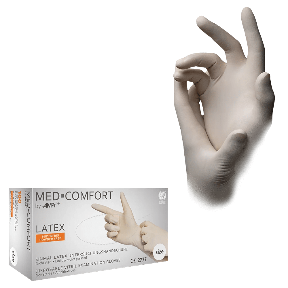Latex gloves, white, size XS, powderfree, Med-Comfort: buy latex disposable gloves for examination & protection.