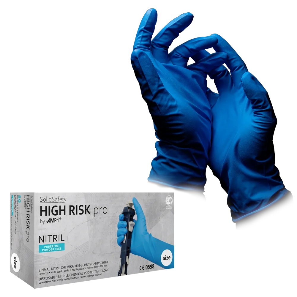 Einmalhandschuhe aus Nitril, Typ A, Größe S, M, L, XL, XXL, blau, Solidsafety High Risk Pro: puderfreier Nitrilhandschuh als Chemikalienschutzhandschuh als PSA kaufen.