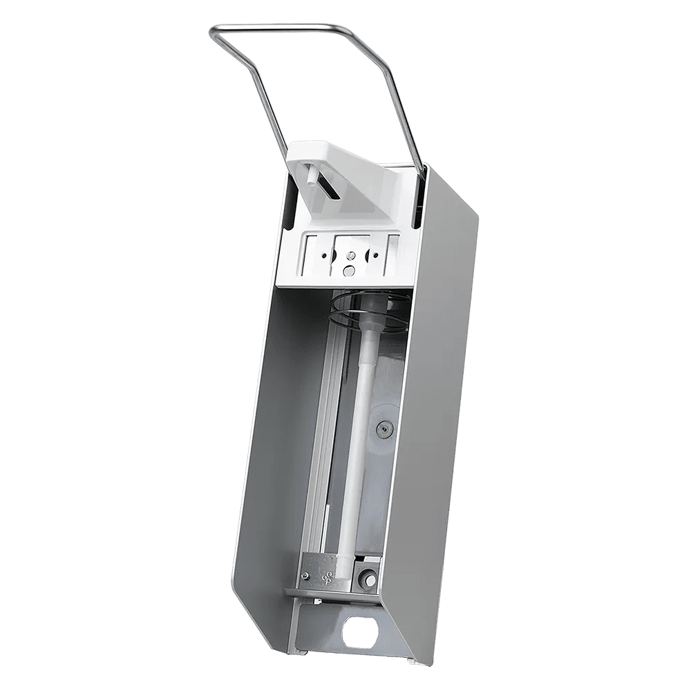 Wall dispenser for 1000 ml disinfectants and liquid soaps, 320 x 94 x 230 mm, long lever: buy aluminium dispenser for liquids, including empty bottle as accessory.