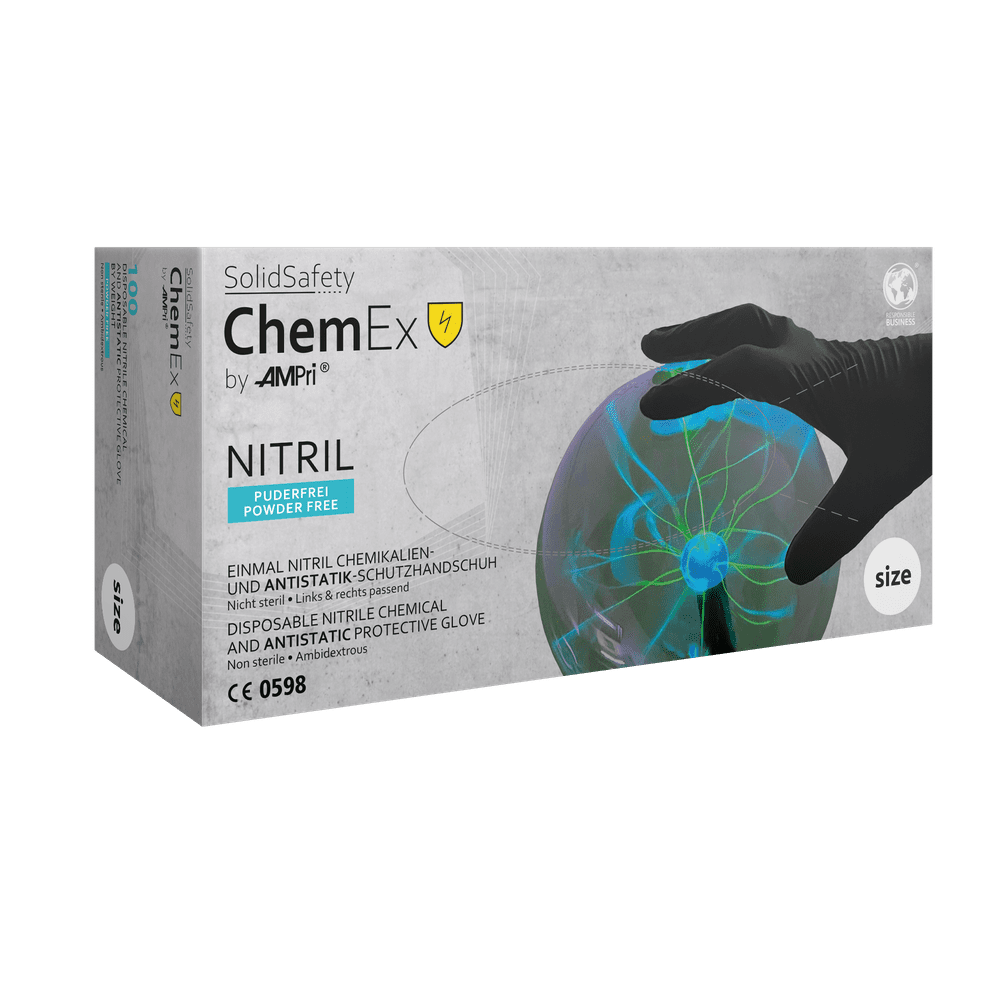 Schutzhandschuh aus Nitril, S, schwarz, SolidSafety Chem Ex Nitrilhandschuh: antistatischer und puderfreier Einmal-Chemikalienschutzhandschuh als PSA kaufen.